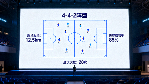 体育战术分析画面，屏幕上显示比赛阵型与数据标注